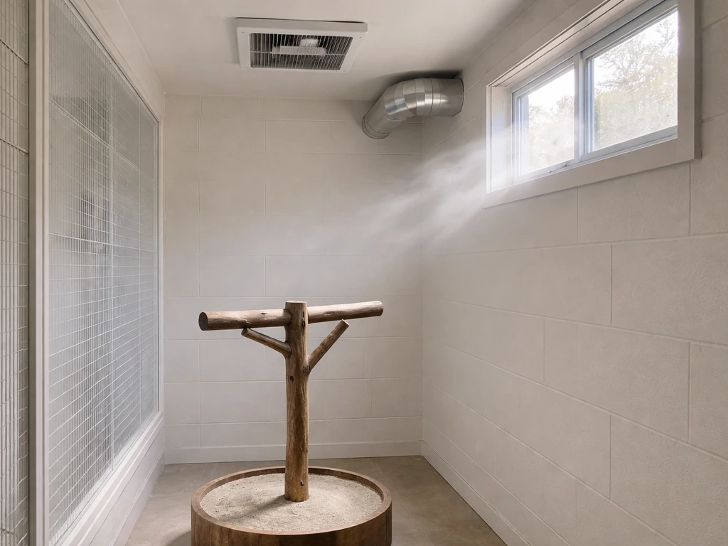 Clean bird room with a visible ceiling exhaust fan and vent airflow setup for better air quality.