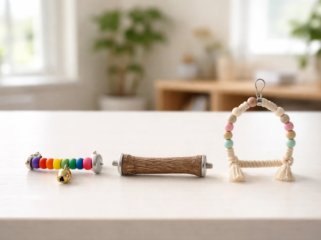 Three simple bird-enrichment items on a desk, symbolizing choosing a beginner bird species