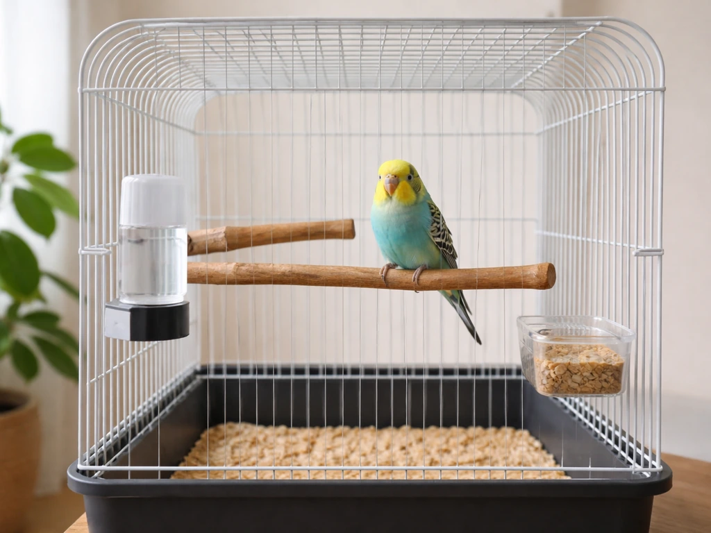 Small bird perched on a properly arranged perch inside a clean, correctly sized cage in soft daylight.