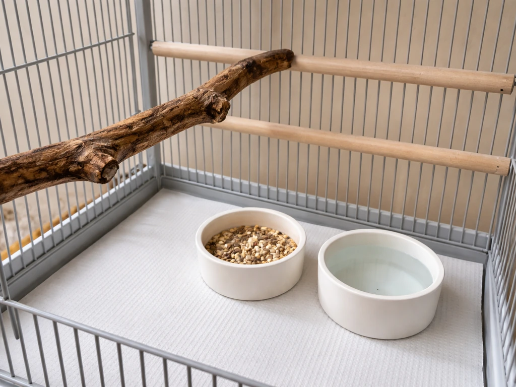 Birdcage interior with natural wood and dowel perches of different diameters, a cage liner, and placed food/water bowls