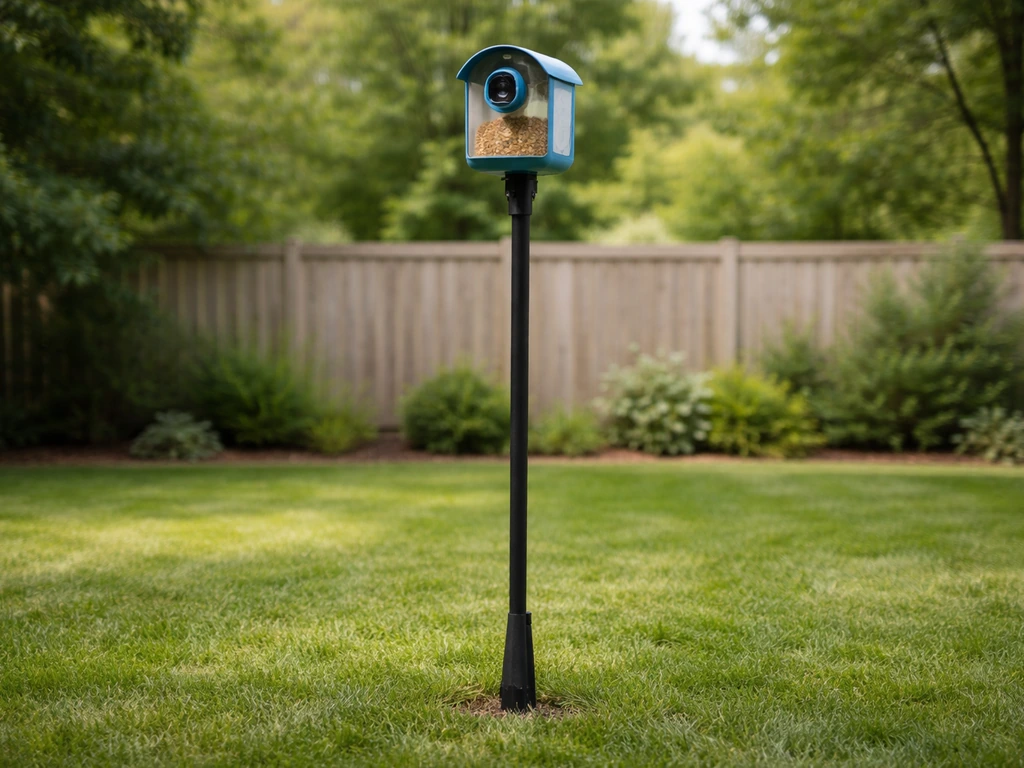 Bird Buddy feeder camera on a sturdy pole in a quiet backyard, showing clear pole and placement.