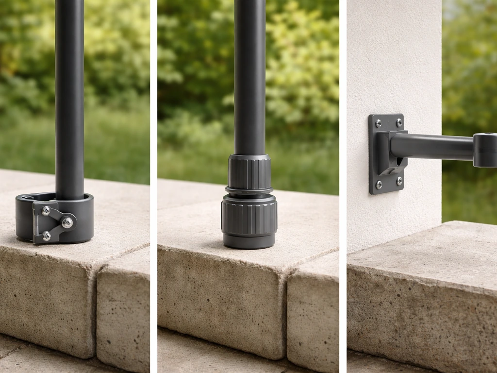 Side-by-side photos of three pole mounts: clamp-on pole, modular pole system, and wall/rail bracket mount.