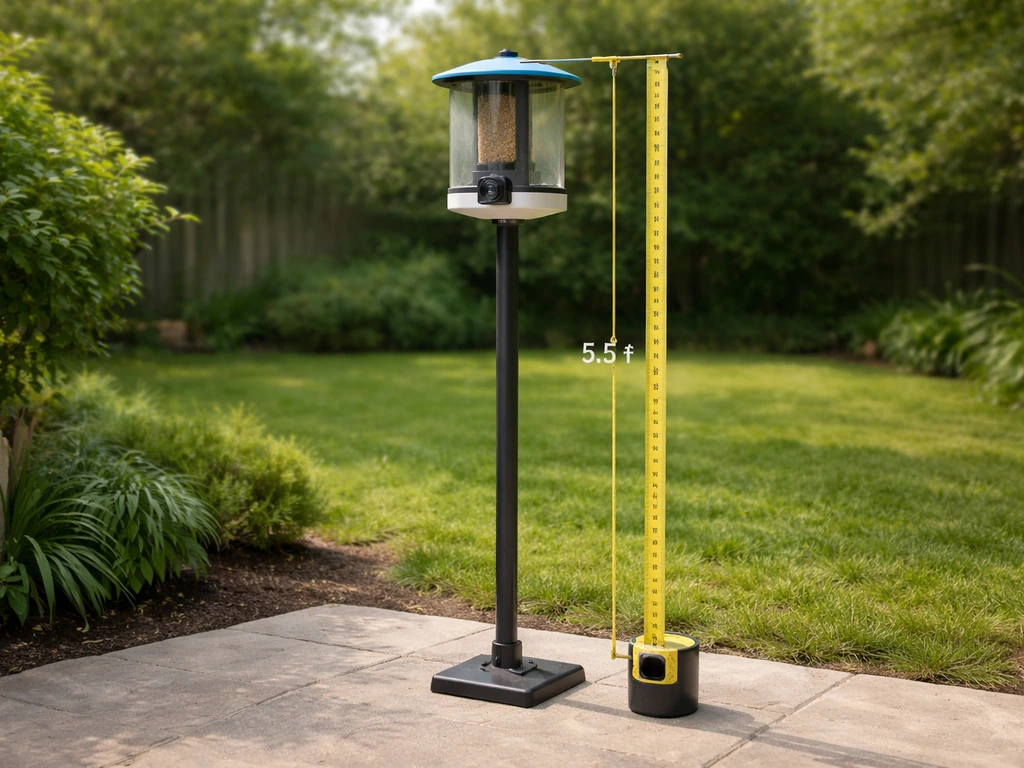 Outdoor view of a bird feeder pole set at ~5–6 feet with a tape measure showing height.