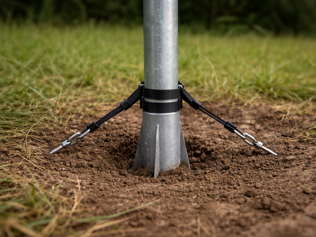 Securely anchored outdoor pole stake in soil with simple straps to prevent wobble and tampering