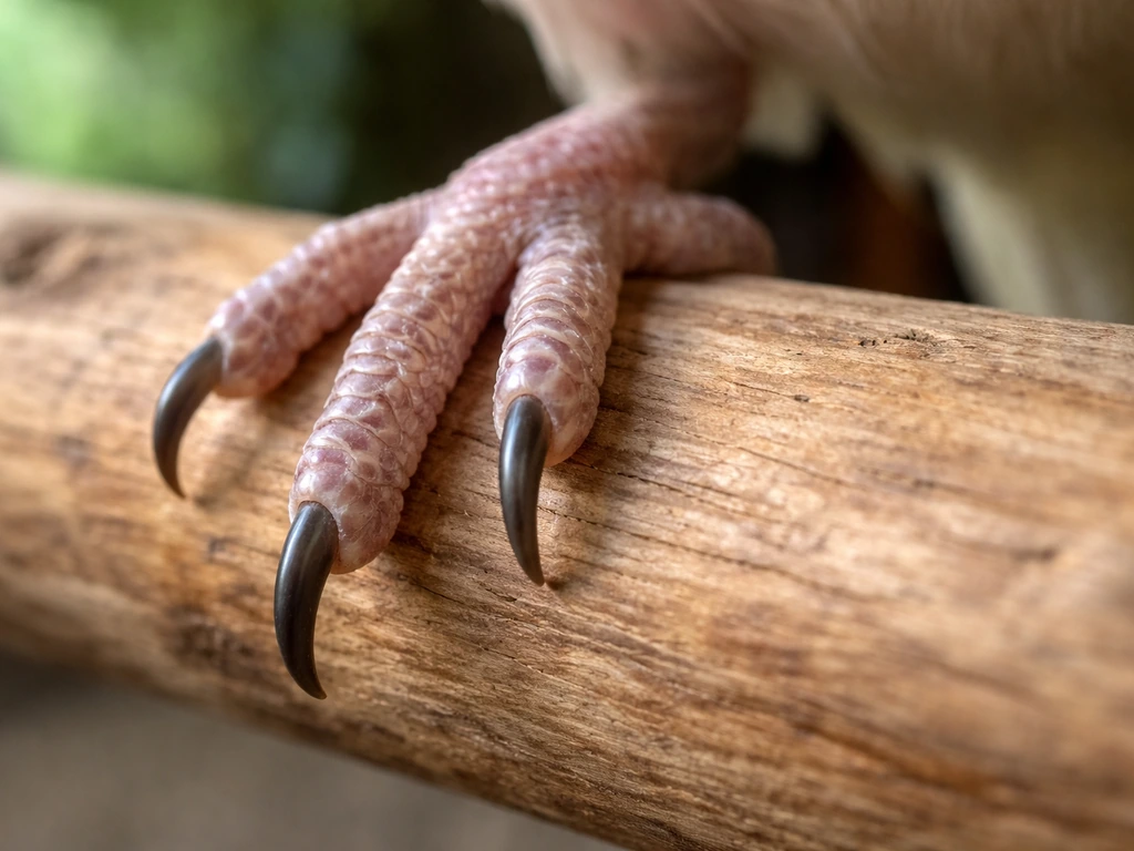 Close-up of a bird foot on a wooden perch, showing scaly toes and sharp claw tips.