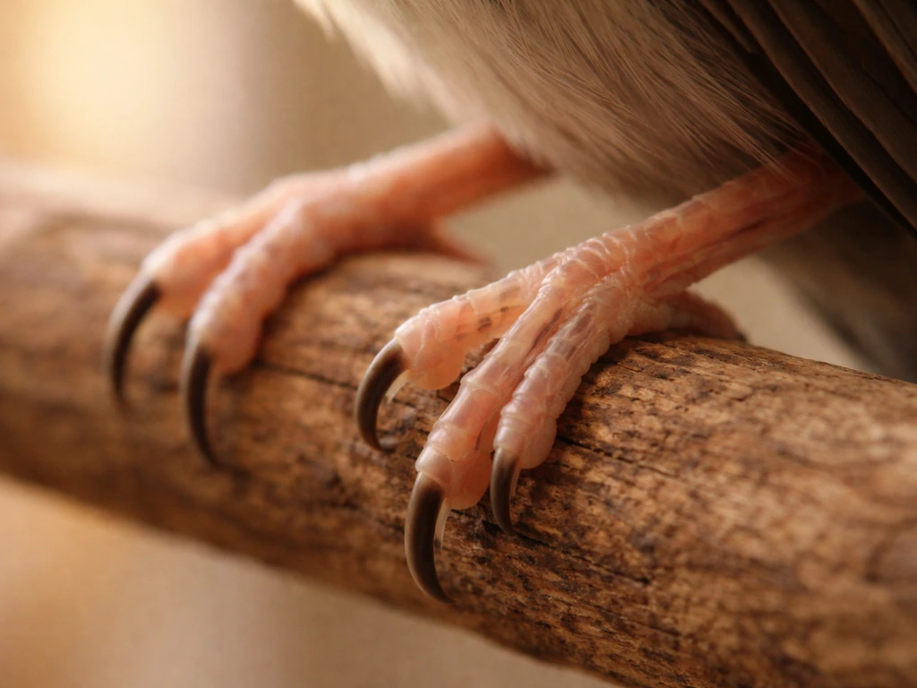 Close-up of a bird foot gripping a perch, showing tendons and bones in simplified realistic detail.