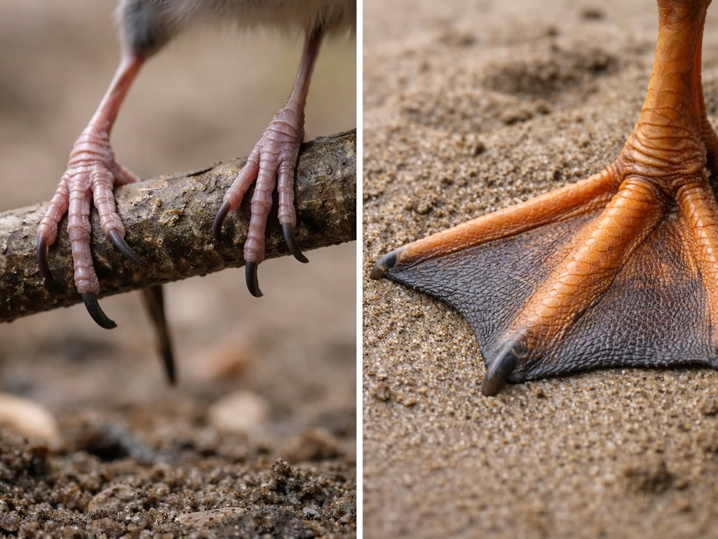 Close-up comparison of two bird feet on natural branches, showing different toe arrangements