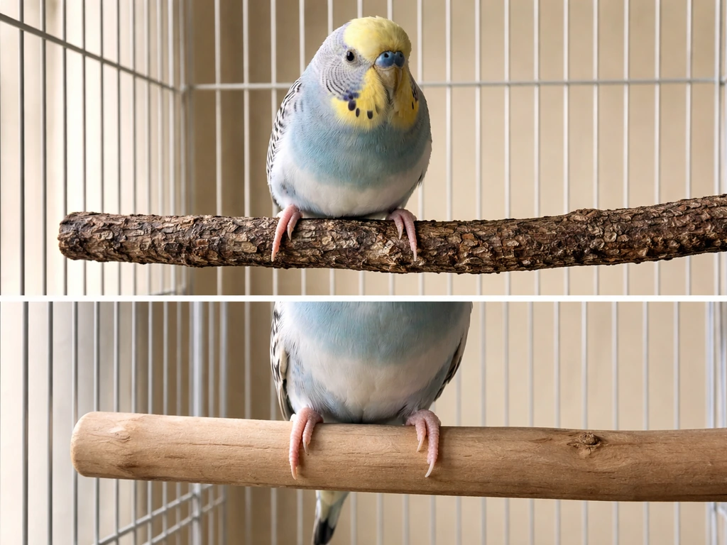 Small pet bird standing on two natural perches of different textures and diameters inside a clean cage.