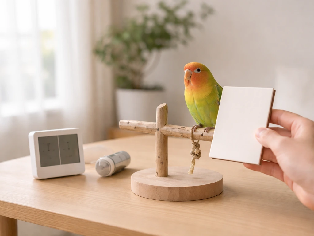 Calm parrot on a table while a caregiver holds a blank notebook and checks an air-quality device