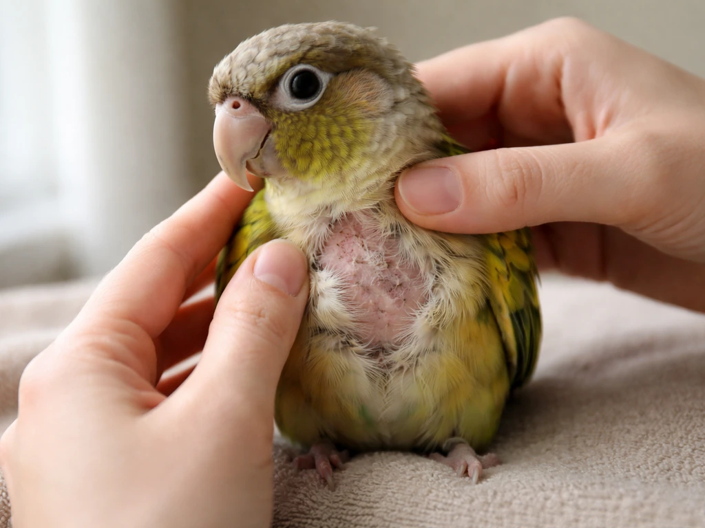 Caregiver gently inspecting a feather-plucked area on a pet bird’s chest and back