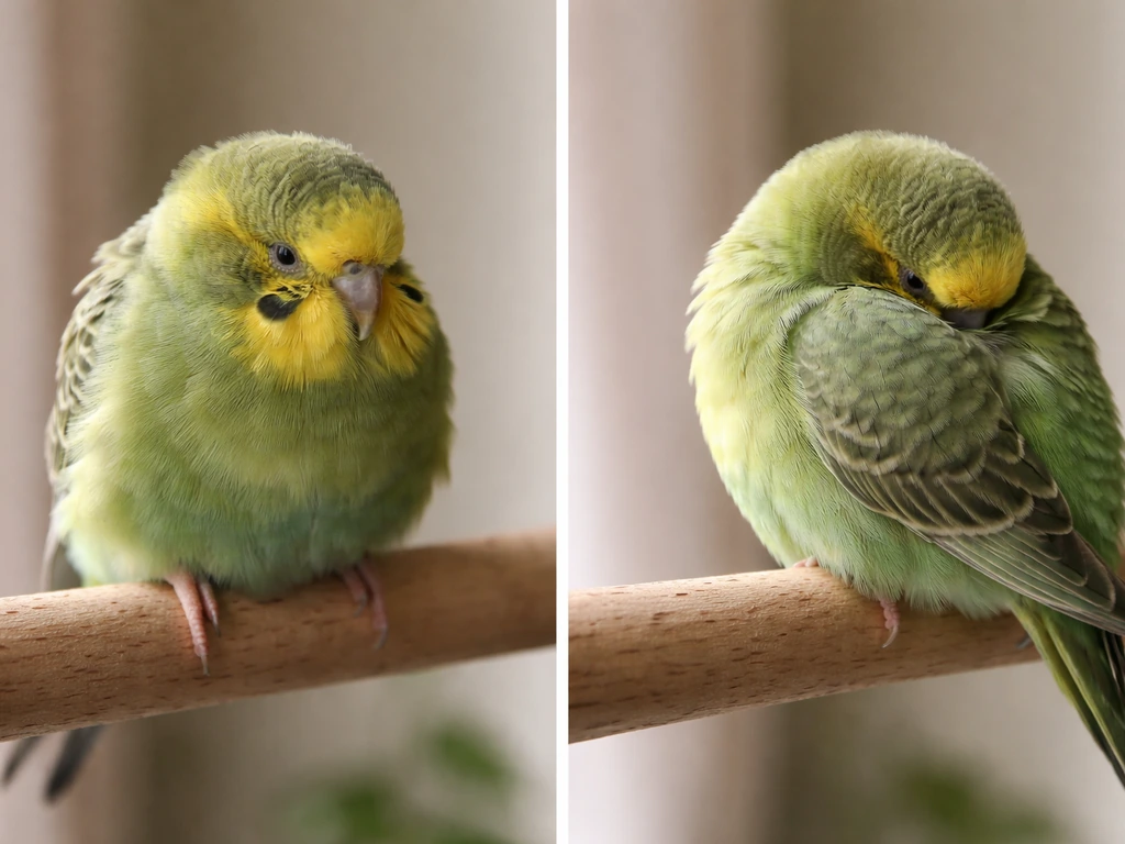 Side-by-side photo of a pet bird: lethargic fluffed feathers vs normal tucked sleep posture.