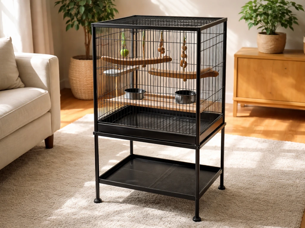 Birdcage on a stand placed at eye level in a family room, away from windows and vents.