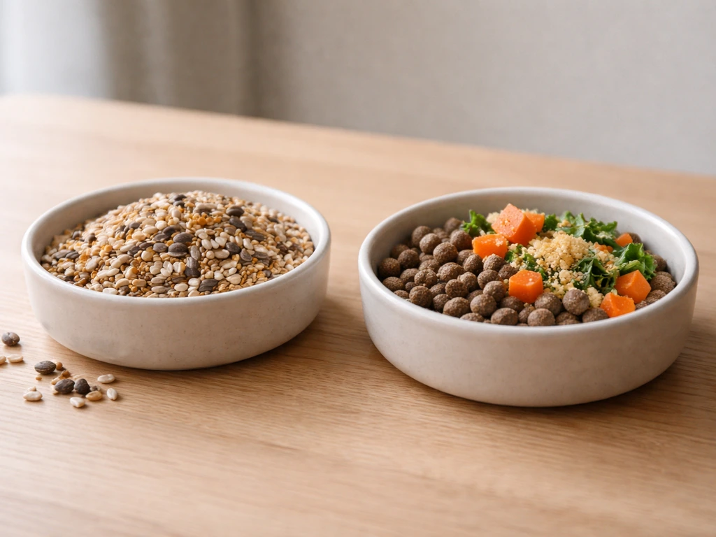 Left bowl packed with seeds, right bowl with pellets and vegetables for a balanced bird diet.