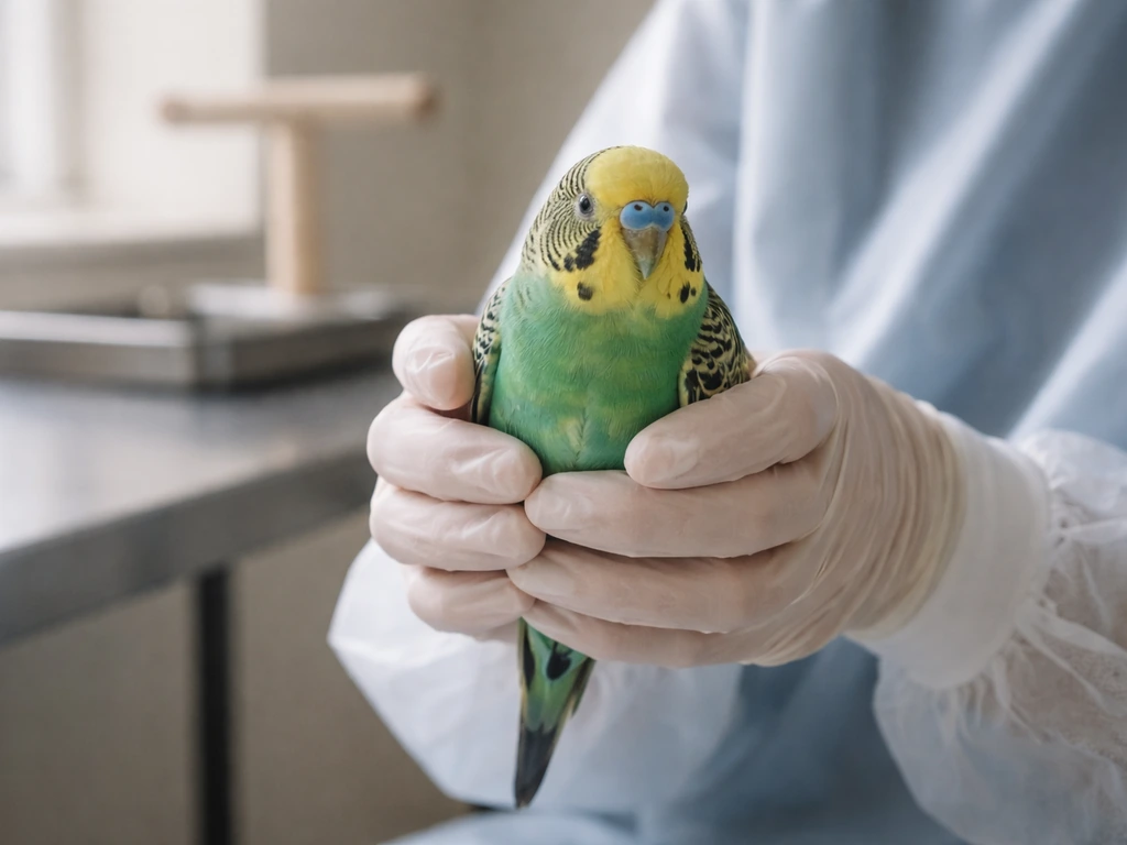 Caregiver holding a small pet bird in a quiet avian vet exam room, clinical and minimal.