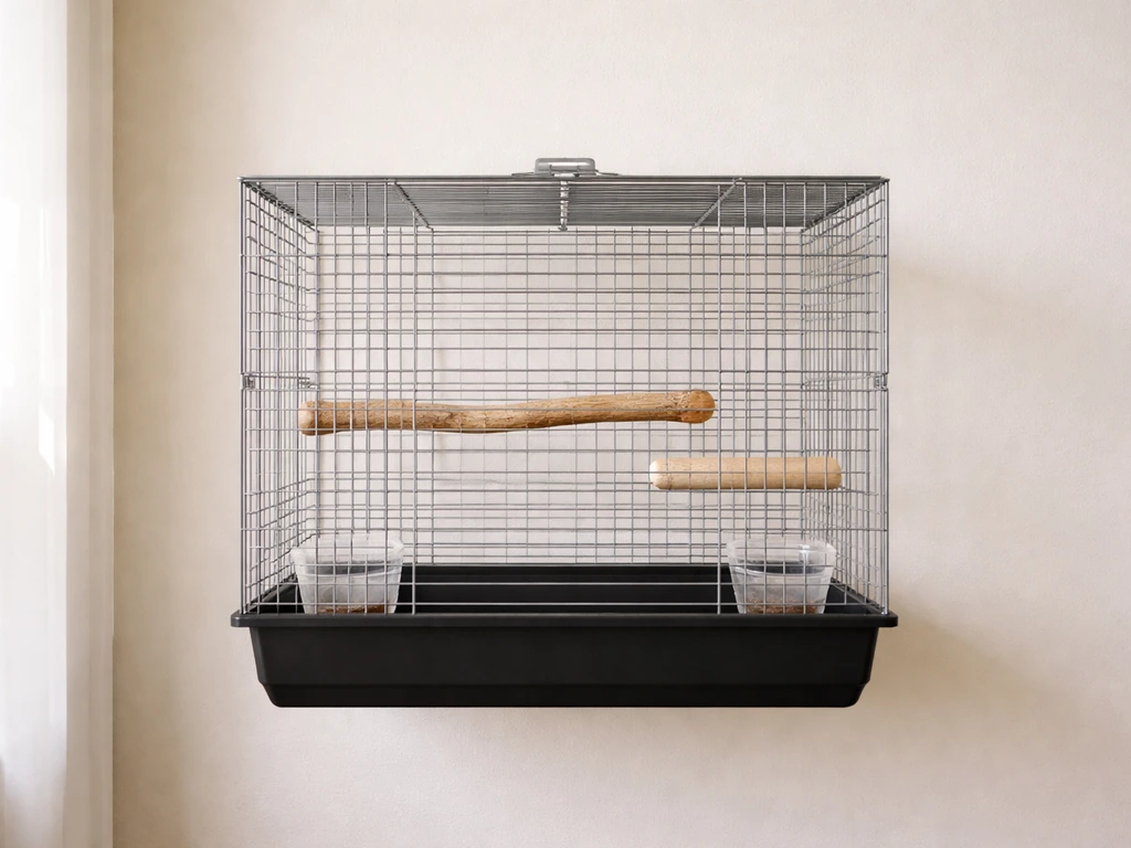 Small birdcage placed against a wall at eye level with a natural wooden perch inside