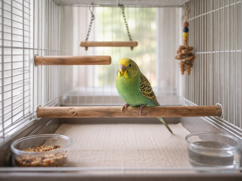 Budgie perched inside a neat, safe cage setup with perches at different heights and food/water bowls
