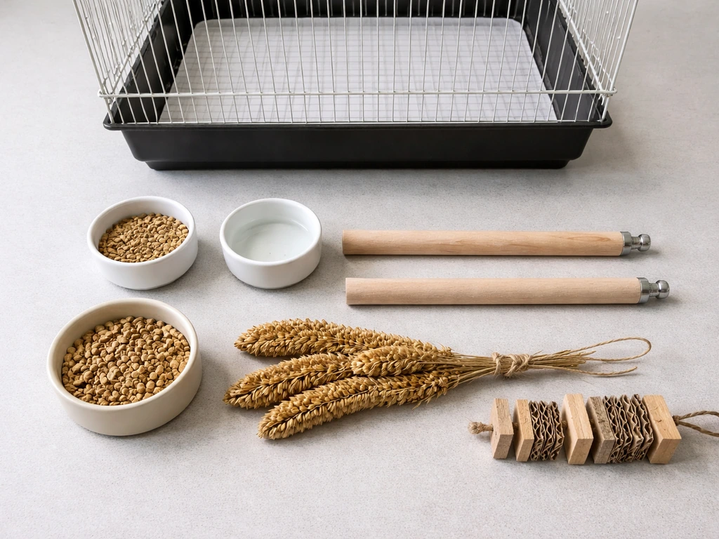 Top-down view of budget-friendly budgie supplies: cage, tray paper, dishes, perches, millet, pellets, chew toy.