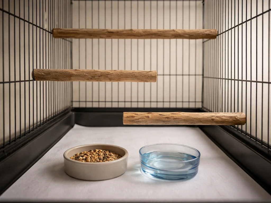 Interior of a bird cage with perches at different heights and a paper-lined tray, with dishes kept clear