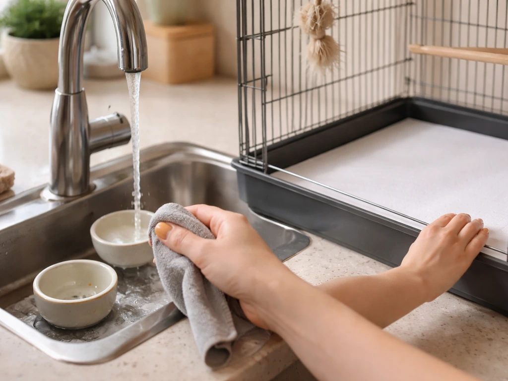 A person wipes a small bird food and water dish with hot water, then rinses it; fresh liner paper in view