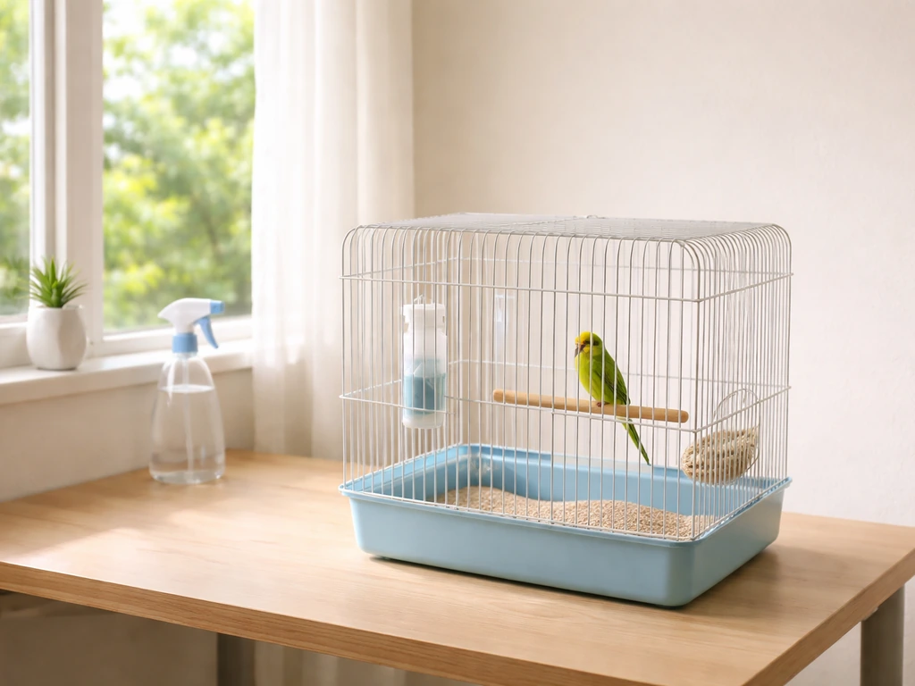 Budgie cage on a clean tabletop beside an open window, with no candles or aerosol sprays in view.