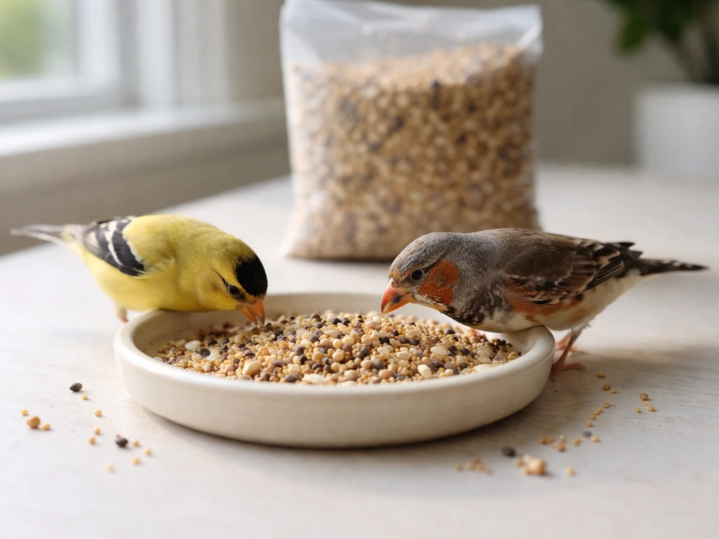Finches pecking from a shallow dish of birdseed on a clean tabletop near a window.