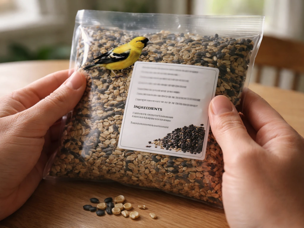 Close-up of a finch seed ingredient label with clear view of sunflower and Niger seed wording, no text shown