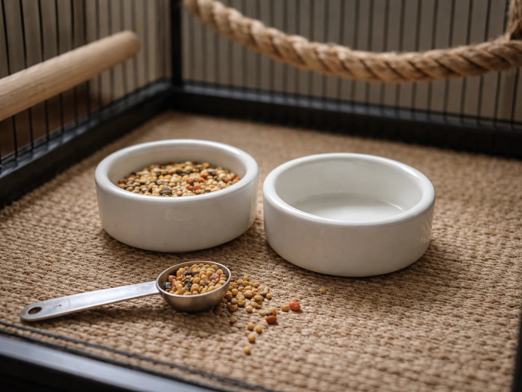 Measuring spoon portioning a small amount of finch blend into two clean finch dishes inside a cage.