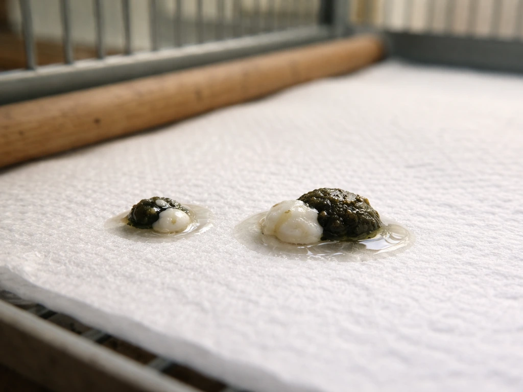 Macro close-up of finch droppings on a white paper towel, showing dark stool, white urate, slight clear liquid.