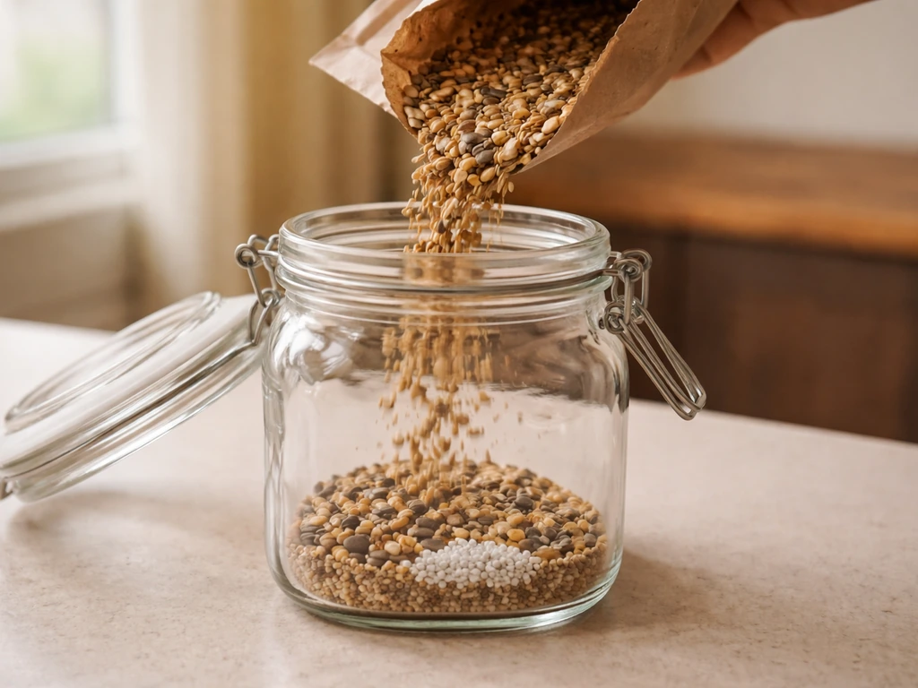 Open bag pouring bird seed into a clear airtight glass jar with desiccant to keep it fresh.