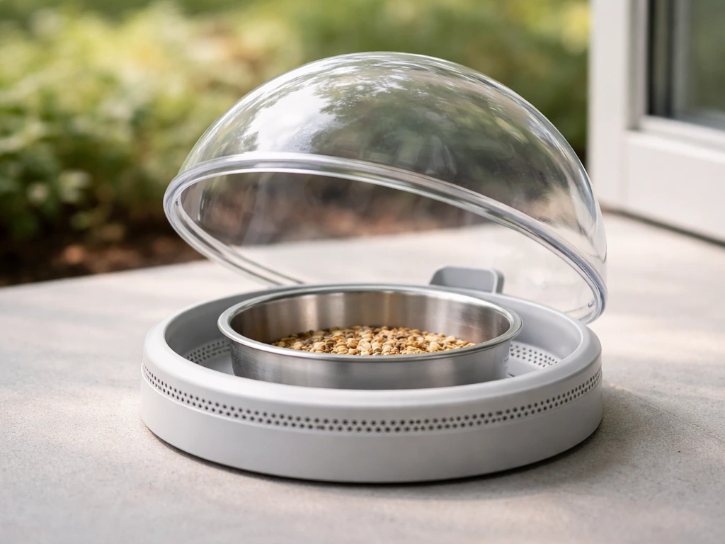 Close-up of a ventilated dome-covered bird feeding dish with transparent cover lifted over the food bowl.
