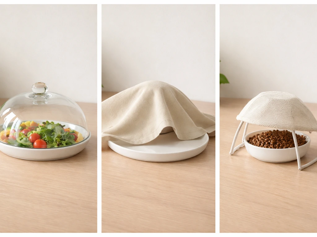 Side-by-side tabletop shots of a dome-covered tray, a draped cloth setup, and a DIY cap cover feeder.