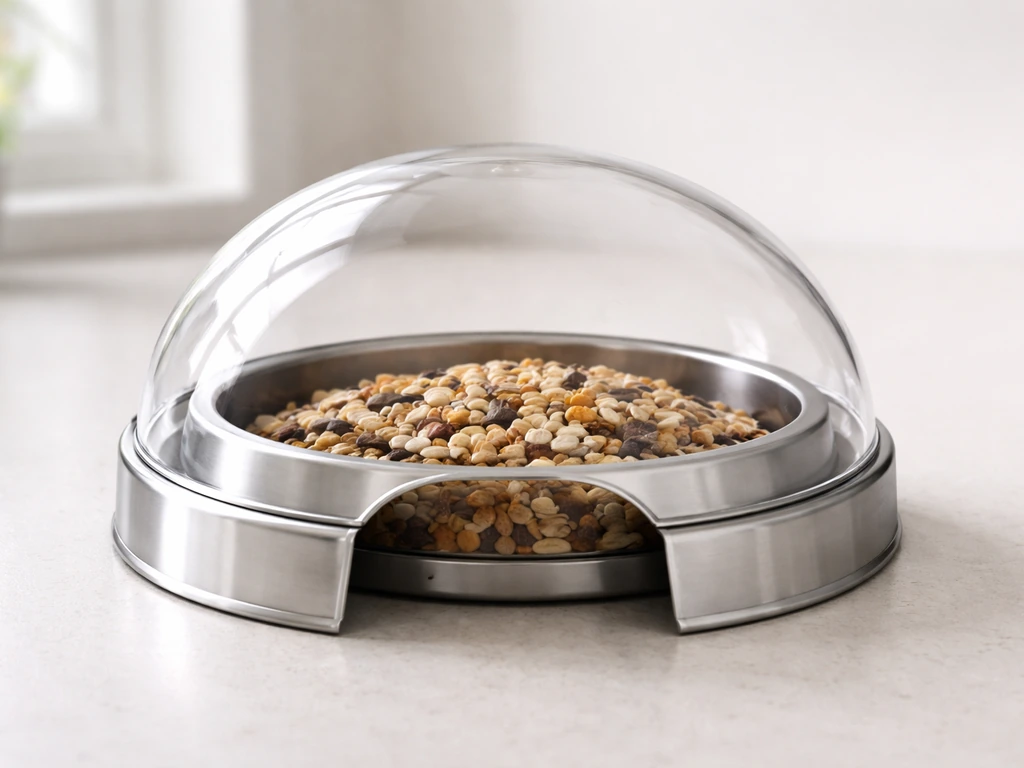 Close-up of a stainless covered dome feeder with clear dome and a bird access opening