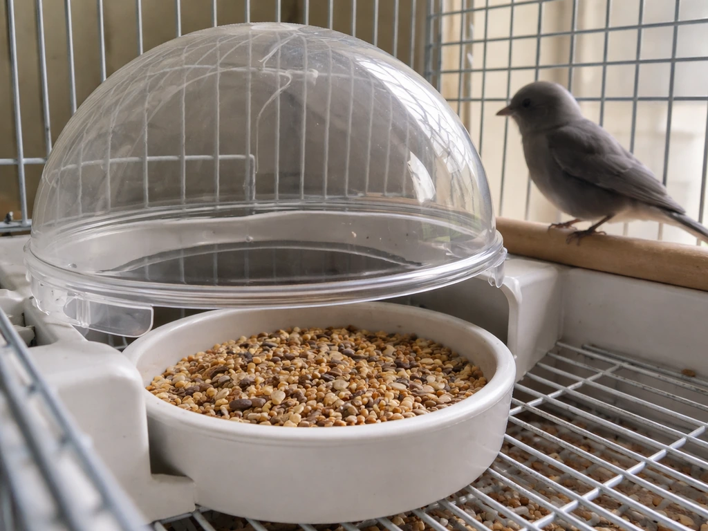Pet bird cage showing a dome raised above a feeding bowl with clear airflow space.