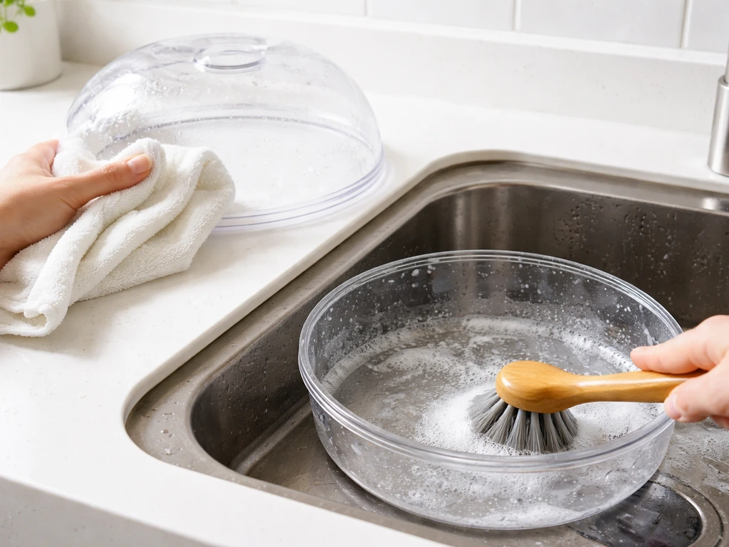 Close-up of a kitchen cleaning routine: a bowl removed, rinsed with a brush, and the dome cover wiped clean.