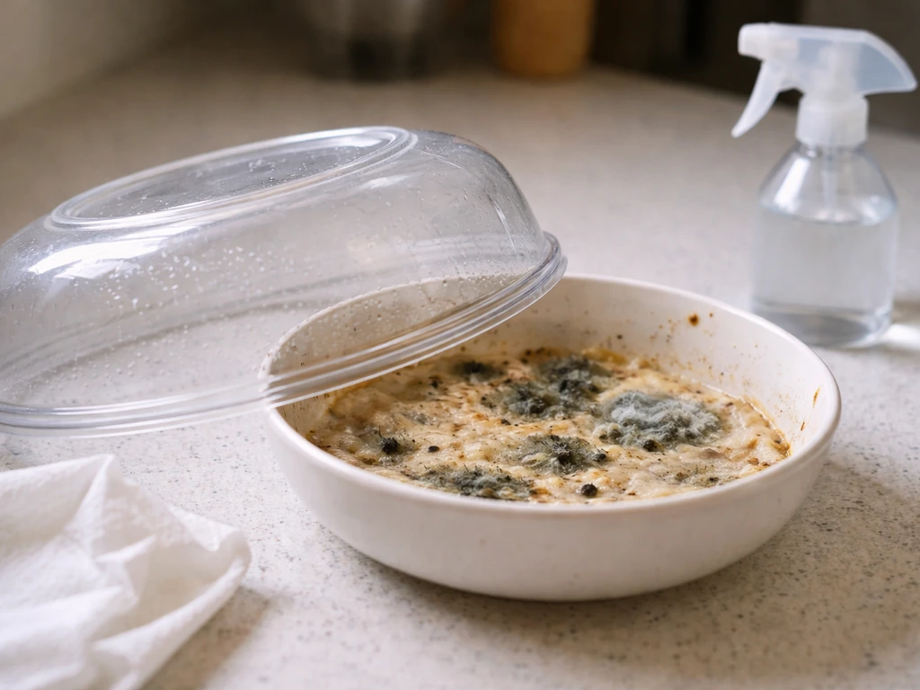 Close-up of a food dome with visible mold spots and condensation, ready to be discarded and the container disinfected.
