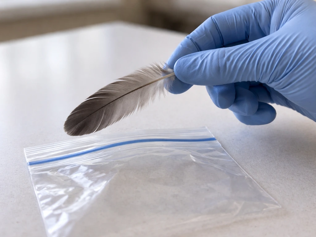 Gloved hand holding a loose bird feather above a sealed zip-top bag on a clean surface.