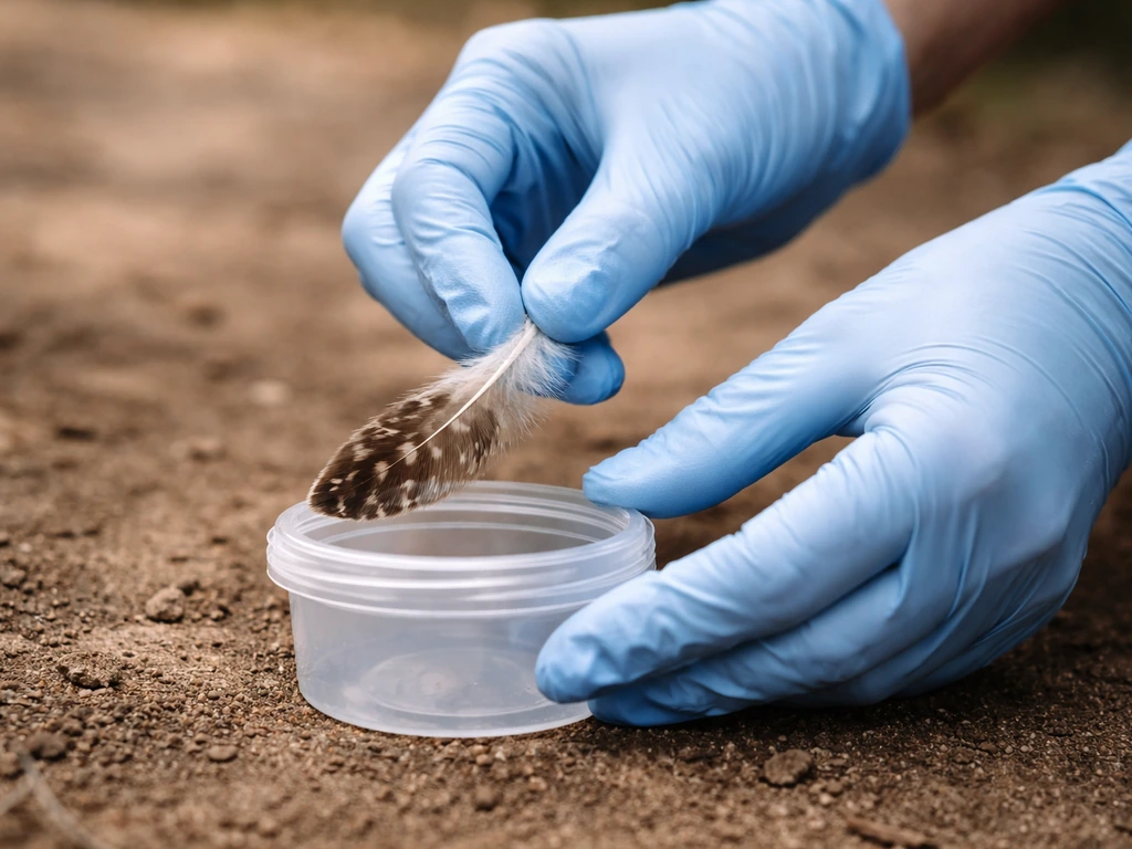 Gloved hands picking up a single wild feather from the ground and placing it into a sealed container