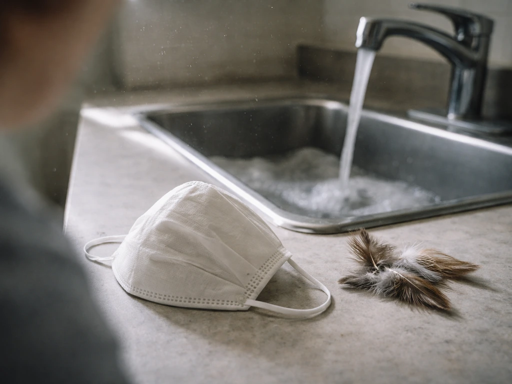 Close-up of wild-feather dust near a face with a mask and handwashing sink setup, showing hygiene and breathing risk.