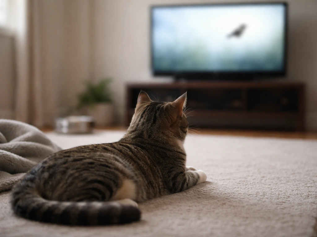 Calm domestic cat watching bird videos on a TV screen from across the room.