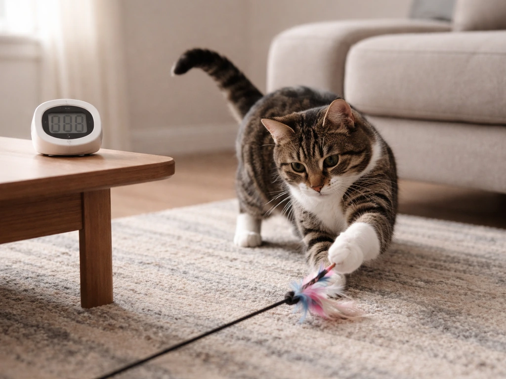 Cat pouncing on a wand toy during a short supervised play burst with a small timer nearby.