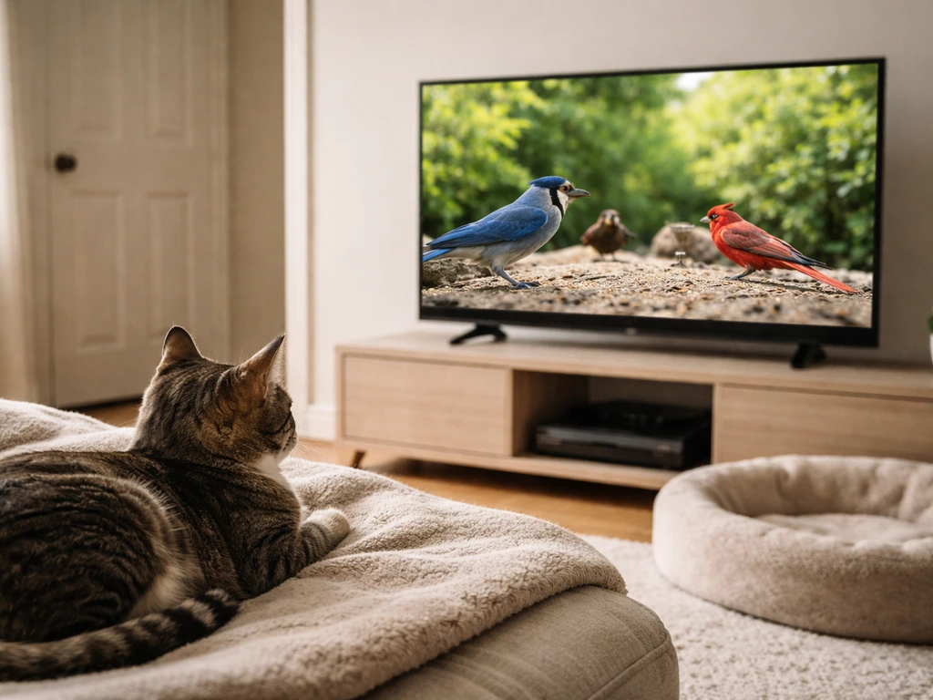 Cat lying comfortably near an eye-level screen with a nearby safe resting spot in a quiet room