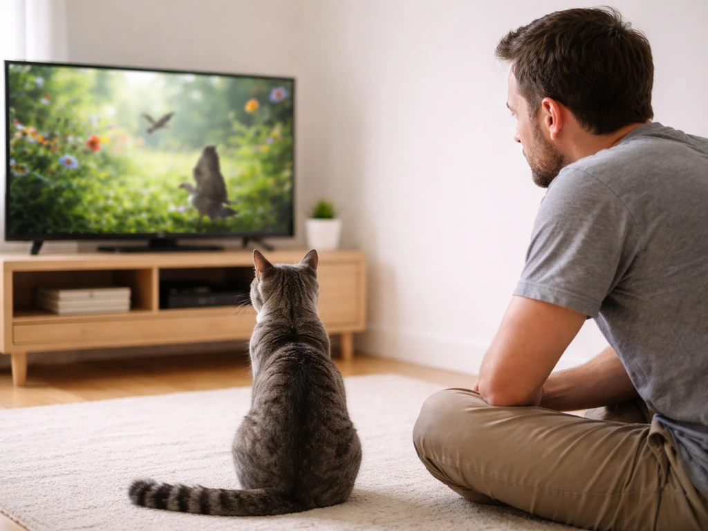 Person in a bright room watches a cat sitting by a TV showing the cat video