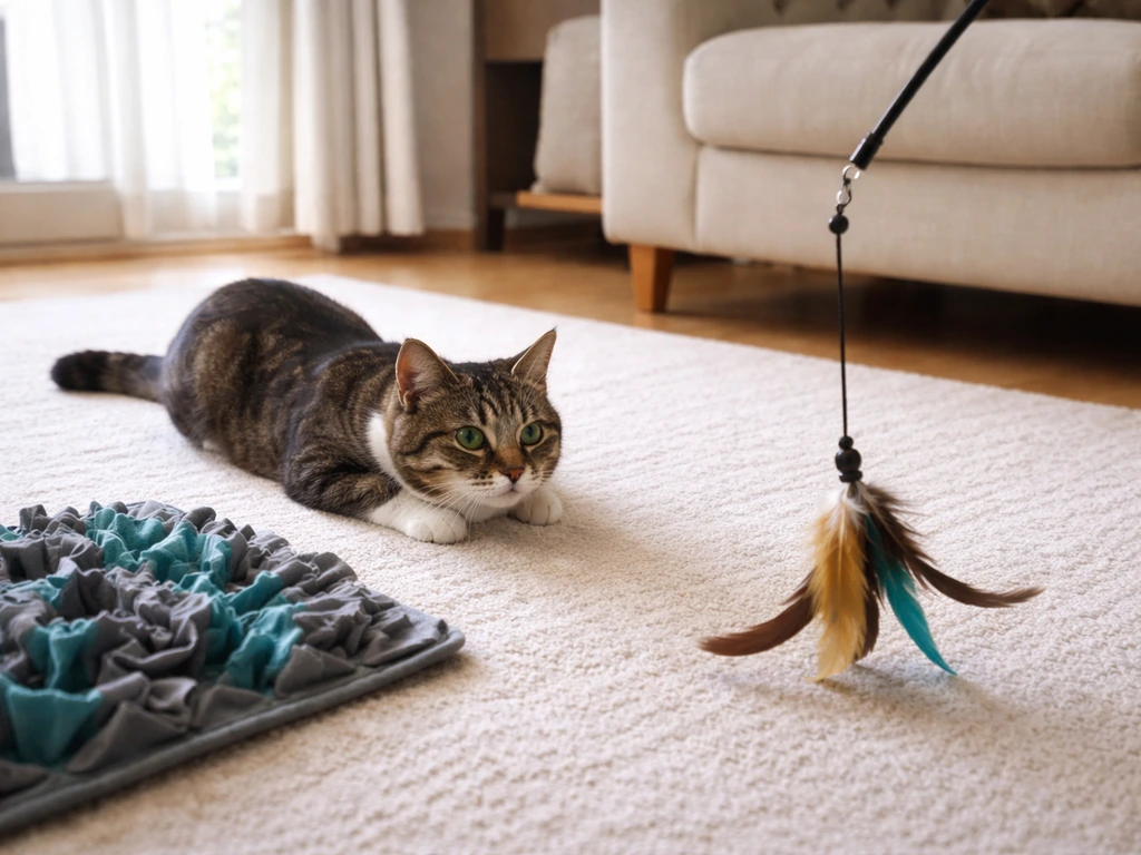 Cat crouching to pounce on a feather wand, with a foraging mat nearby for safe enrichment.