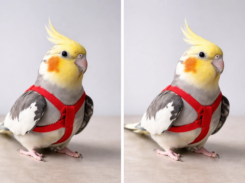 Two cockatiel harness fit views showing correct chest clearance and gentle loop placement