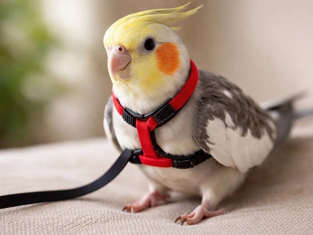 Cockatiel stepping into a figure-8 style harness, neck loop correctly placed without chest pressure.