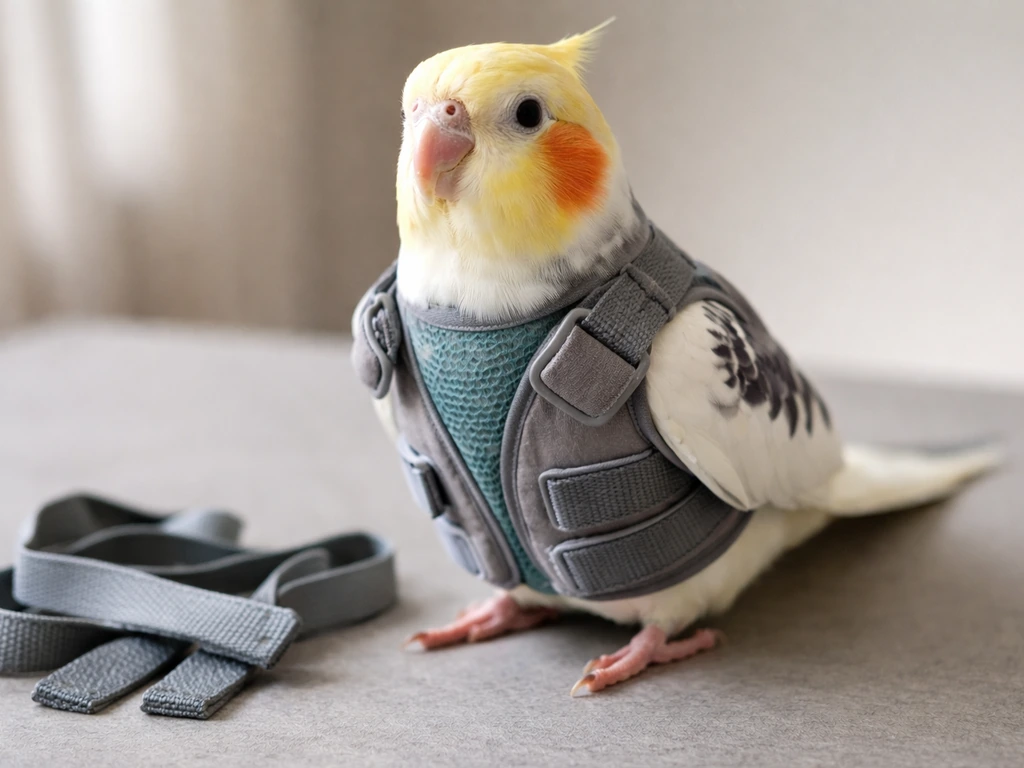 A cockatiel wearing a vest-style harness with hook-and-loop adjustments laid out for fit