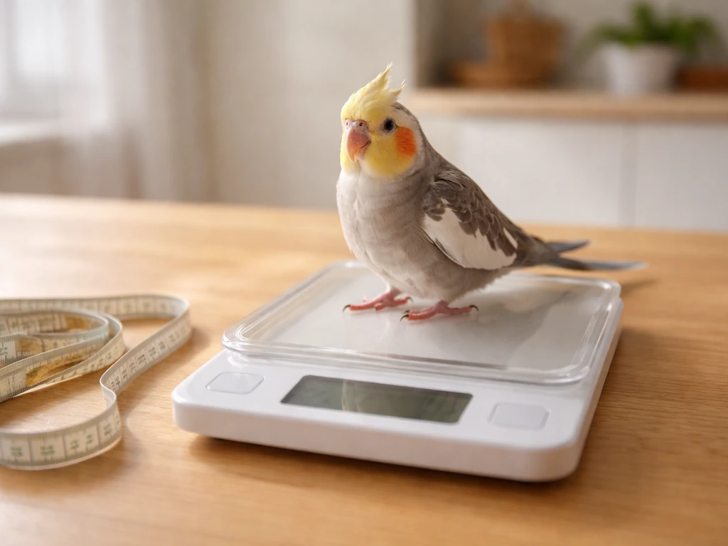 Cockatiel being weighed on a kitchen digital scale while a measuring tape checks body dimensions