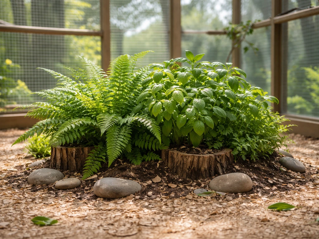 Bird aviary with clearly visible bird-safe herbs and ferns in natural pots and soil bedding.