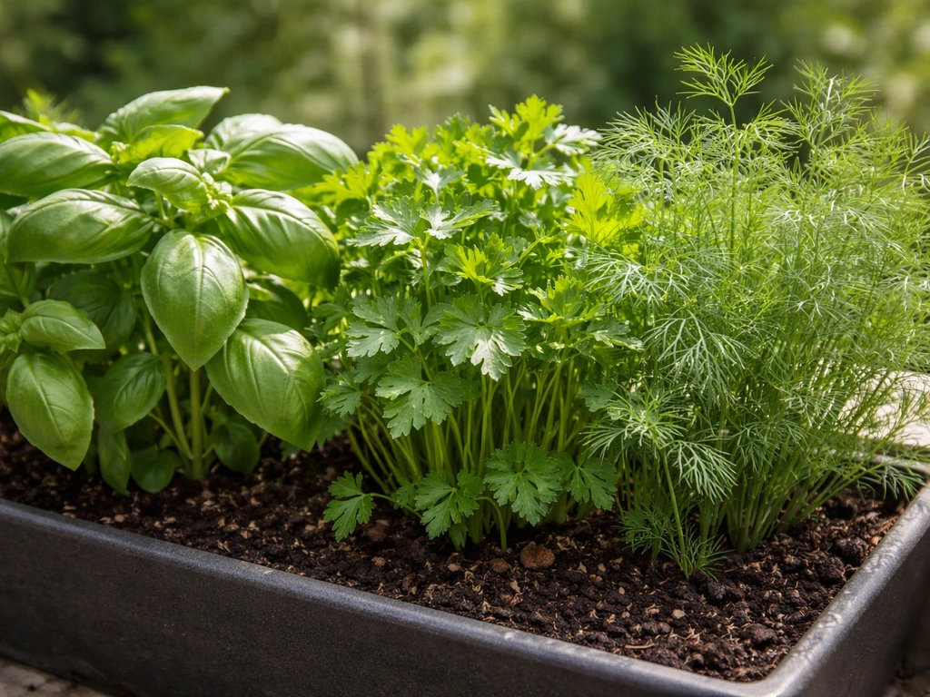 Close-up of basil, parsley, and dill growing in a small planter for birds to forage.