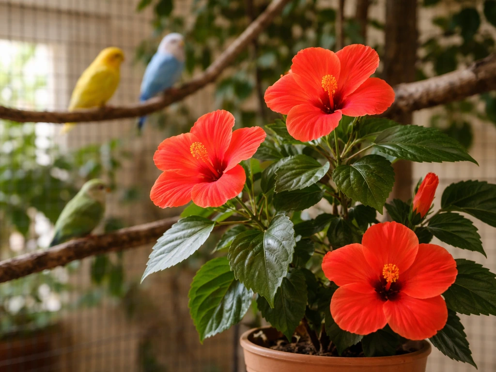 Hibiscus blossoms and glossy leaves on a small aviary plant stand, birds safely nearby in soft natural light.
